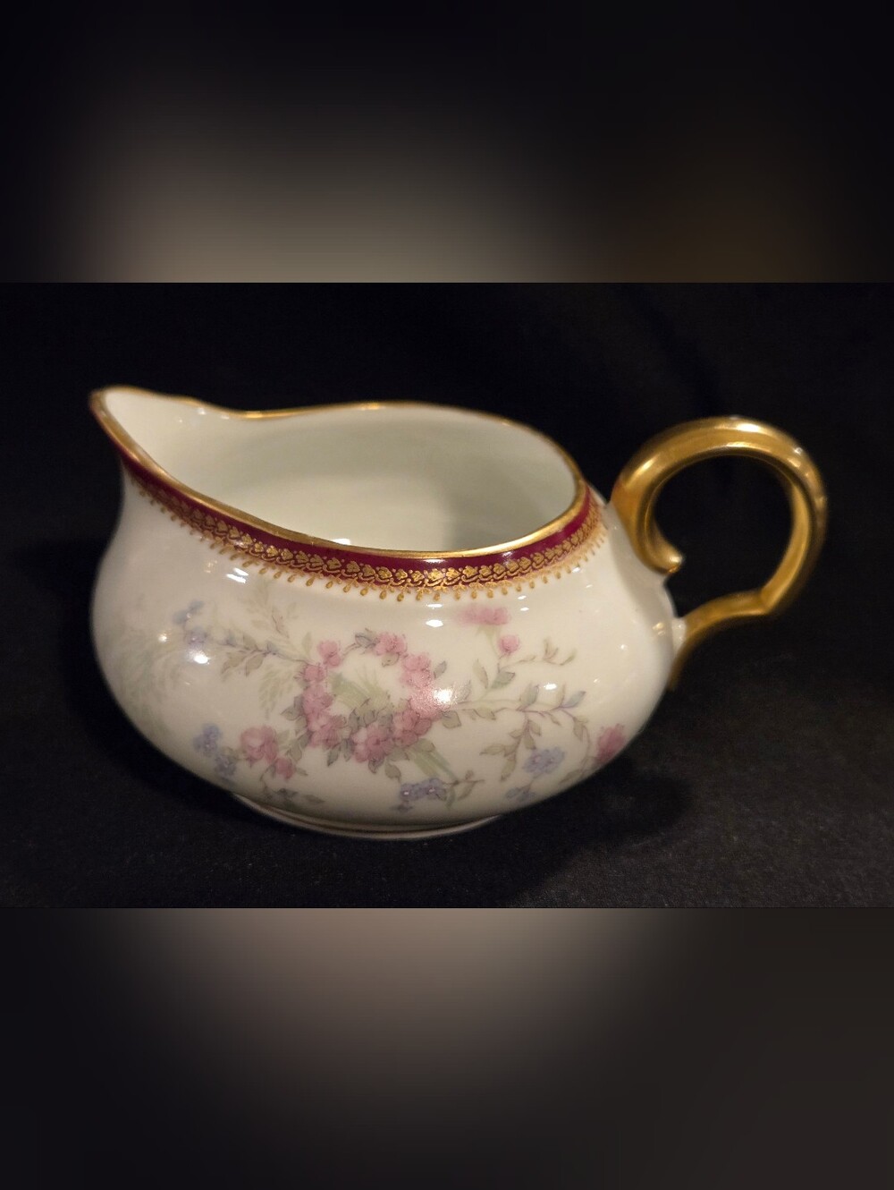 Gold-Trim Floral Porcelain Creamer - White with Pink and Lavender By Limoges